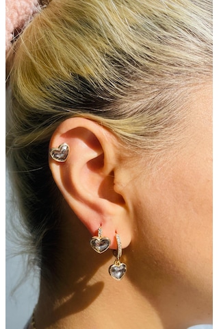 Zirkon Taşlı Kalp Detay Çelik Küpe Altın