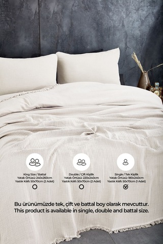 %100 Pamuk Müslin Yatak Örtüsü Seti Tek Kişilik 4 Kat Yumuşak Müslin Pike Takımı Battaniye Krem Krem