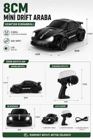 8cm 1:64 Ölçek Uzaktan Kumandalı Drift Araba Led Işıklı Şarjlı Oyuncak Siyah