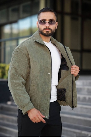 Tasarım Oversize İçi Kapitone Dolgulu Kadife Ceket Haki Kadife