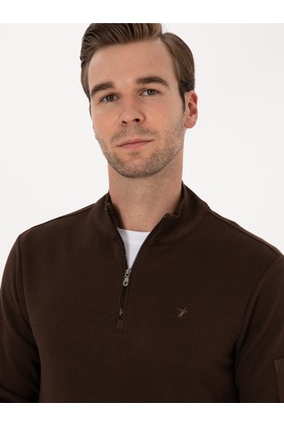 Koyu Kahverengi Regular Fit Yarım Fermuarlı Sweatshirt