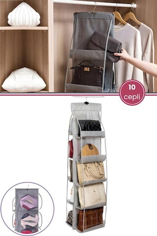 Çanta Ve Ayakkabı Düzenleyici 10 Cepli, Dolap İçi Askılı Pencereli Çanta Cüzdan Ayakkabı Organizer Şeffaf