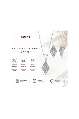 Servi 925 Ayar Gümüş Zirkon Taşlı Geometrik Baklava Formlu Kolye Ve Küpe Seti-383