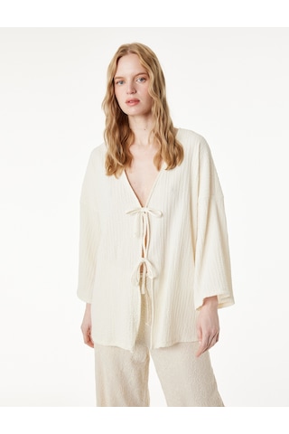 Koton Bürümcük Kumaş Geniş Uzun Kollu Bağlama Detaylı Dokulu Kimono Ekru 6sak30069ek