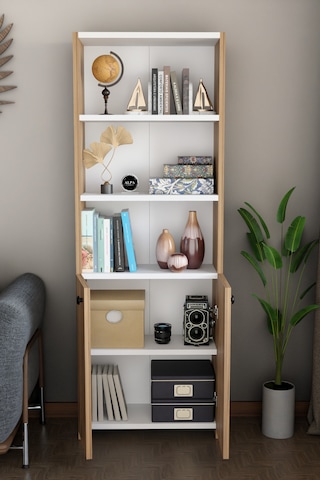 Kapaklı Çok Amaçlı Salon Dolabı 150x50x22 Cm Raflı Kitaplık Dekoratif Depolama Ünitesi Atlantik Çam - Beyaz