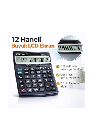12 Haneli Lcd Ekran Fonksiyonlu Büyük Hesap Makinesi Çift Güçlü Güneş+pil Geriye 100 Adım Kontrol Lacivert