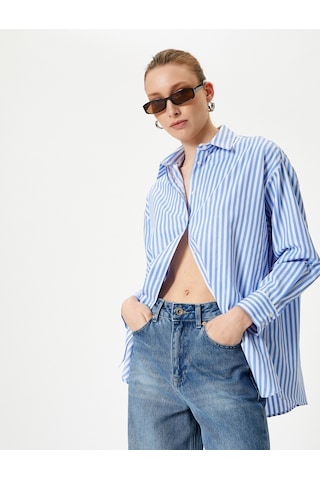 Koton Oversize Gömlek Düğmeli Uzun Kollu Mavi Çizgili 4sak60312pw Mavi