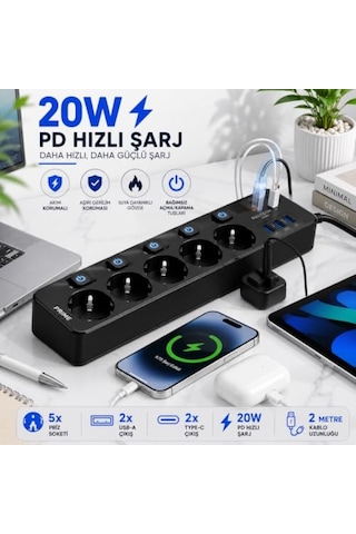 Akım Korumalı Priz, 5'li Priz Soketi, 5x Fiş Soketi, 20w Pd Hızlı Şarj, 2x Usb Girişi, 2x Type-c Girişi, Isıya 0