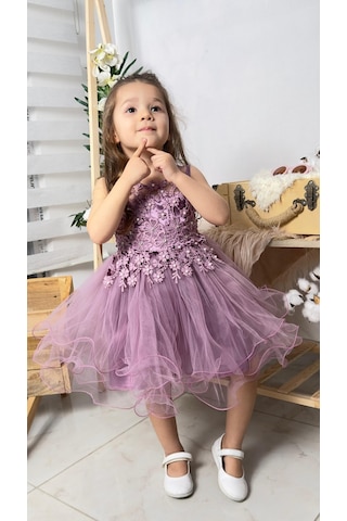 İncili Kız Çocuk Daisy Elbise Mnk0585 Mor