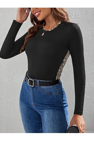 Kadın Uzun Kollu Leopar Şeritli Viskon Bluz Siyah