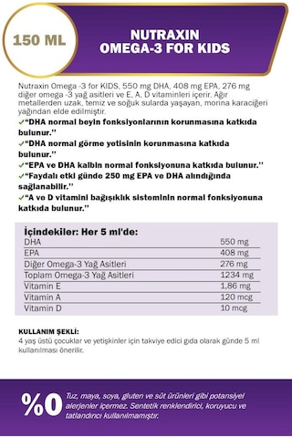 Nutraxin For Kids Omega-3 Balık Yağı Takviye Edici Gıda 150 ML