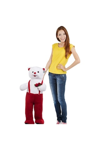 80 Cm Çiçekli Tulumlu Ayıcık Kırmızı Kırmızı
