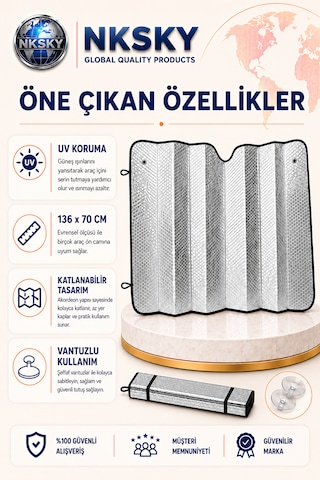 Nksky Oto Ön Cam Güneşliği 136x70 Cm Vantuzlu Katlanabilir Baloncuklu Metalize Araba Güneşlik Perde