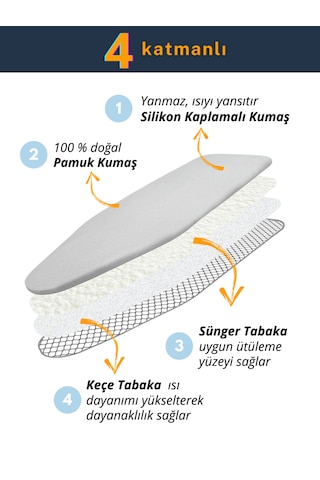 Ütü Masası Kılıfı Yanmaz Lastikli Süngerli Ütü Masası Örtüsü Ayarlanabilir Ütü Masası Bezi 55x145 Cm Gri