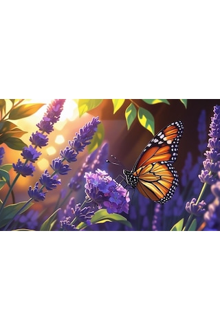 Kelebek Parlayan Güneş Işığı Altında Lavanta Çiçeğinin Üzerinde Dinleniyor 07 Çerçevesiz 50x30 Cm Pvc Tablo