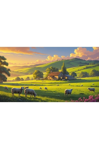 Doğa Ve Manzara Yatay Küçük Çiftlik Evi Yeşil Tepeler, Çiçek Açmış Tarlalar Doğa Ve Huzur 02 Çerçevesiz 90x60cm Pvc Tablo