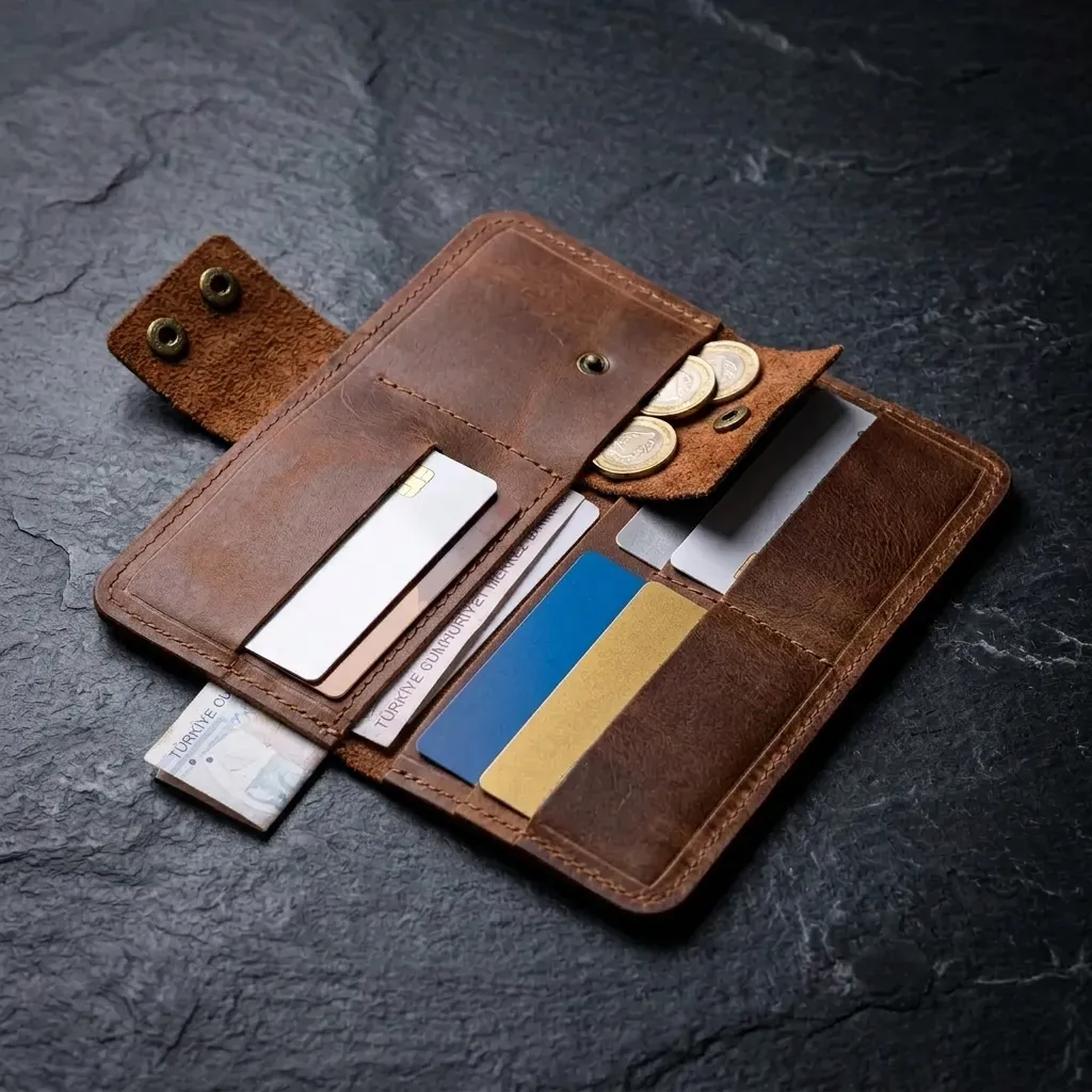 Natderi %100 Hakiki Deri Çıtçıtlı El Portföyü Cüzdan Telefon Bölmeli Cüzdan - 9x19 Cm Taba & Acı Kahve