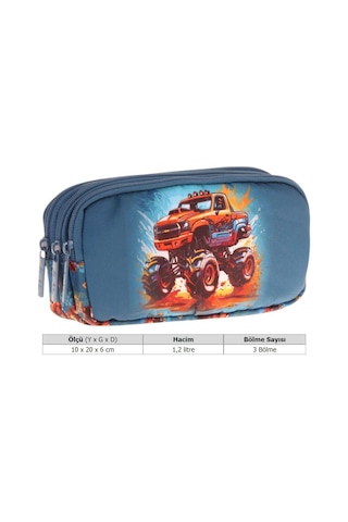 Kaukko Kids Yeşil Kırmızı, Arazi Aracı, Erkek Çocuk Üç Bölmeli Kalemlik/kalem Çantası - L8282 Yeşil - Kırmızı