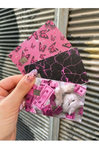 3'lü Pink Material Tasarımlı - Papara, Tosla, Otobüs Kart Kaplama Stickeri Kredi Kartı Için Diğer