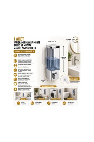 Mainshop 1 Adet Mutfak Banyo Otel Restoran Okul Hastane Uyumlu Şeffaf Hazneli Yapışkanlı Sabunluk 350 Ml M-53 Gri