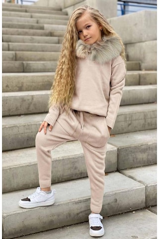 Riccotarz Kız Çocuk Yakası Çıkarılabilir Kürklü Kazak Çift Cepli Triko Ekru Alt Üst Takım Ekru