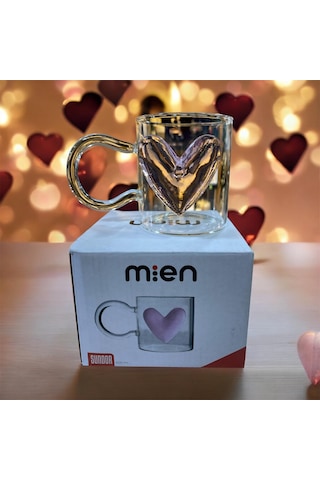 Mien 400 Ml Kalpli Şeffaf Cam Kupa Pembe Kalp Detaylı Pembe - Şeffaf