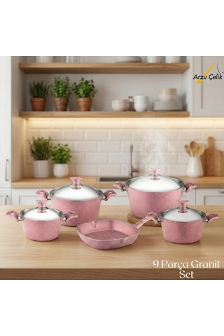9 Parça Granit Set Çelik Kapak - Pembe Pembe