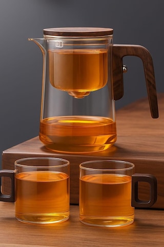 Qerhome Borosilikat Cam Ahşap Kapak Ve Sap Detaylı Mıknatıs Özellikli Lüks Bitki Çayı Demliği Ve 2 Adet Kupa 350 Ml Şeffaf