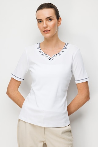 Kadın Sıfır Yaka Yakası Ve Kolu İşlemeli Pamuklu Penye T-shirt Ekru Ekru