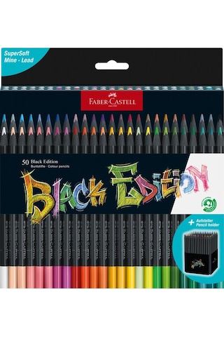 Faber-Castell Renkli kalemler Blackwood, Black Edition, 50'li kutu, parlak renkler, yumuşak çizgili, siyah ahşap