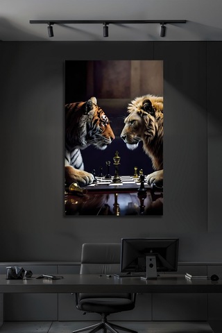 Modern Satranç Ustaları Kaplan Vs Aslan Dekoratif Cam Tablo Hayvan Figürlü Dekoratif Duvar Tablosu, Salon, Ofis Ve Çalışma Alanı Dekoru,