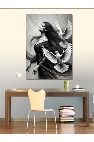 Kanvas Tablo Uçan Beyaz Güvercin Ve Kadın Silüeti 50cmx70cm