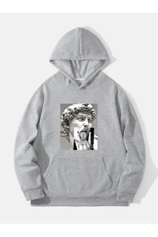 Heykel El Sweatshirt - Gri Baskılı Oversize Kapüşonlu Gri