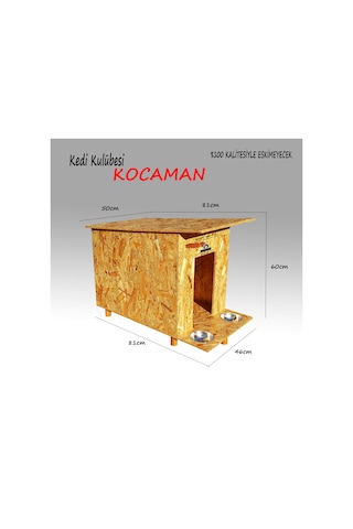Çelik Mama Kabı + Kedi Kulübesi Büyük Ahşap Kedi Evi 81 x 46 x 60 CM