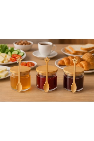 3 Lü Bambu Kasıklı Bambu Kapaklı Borosılıkat Cam Kahvaltılık 90 X 60 Seti Beyaz