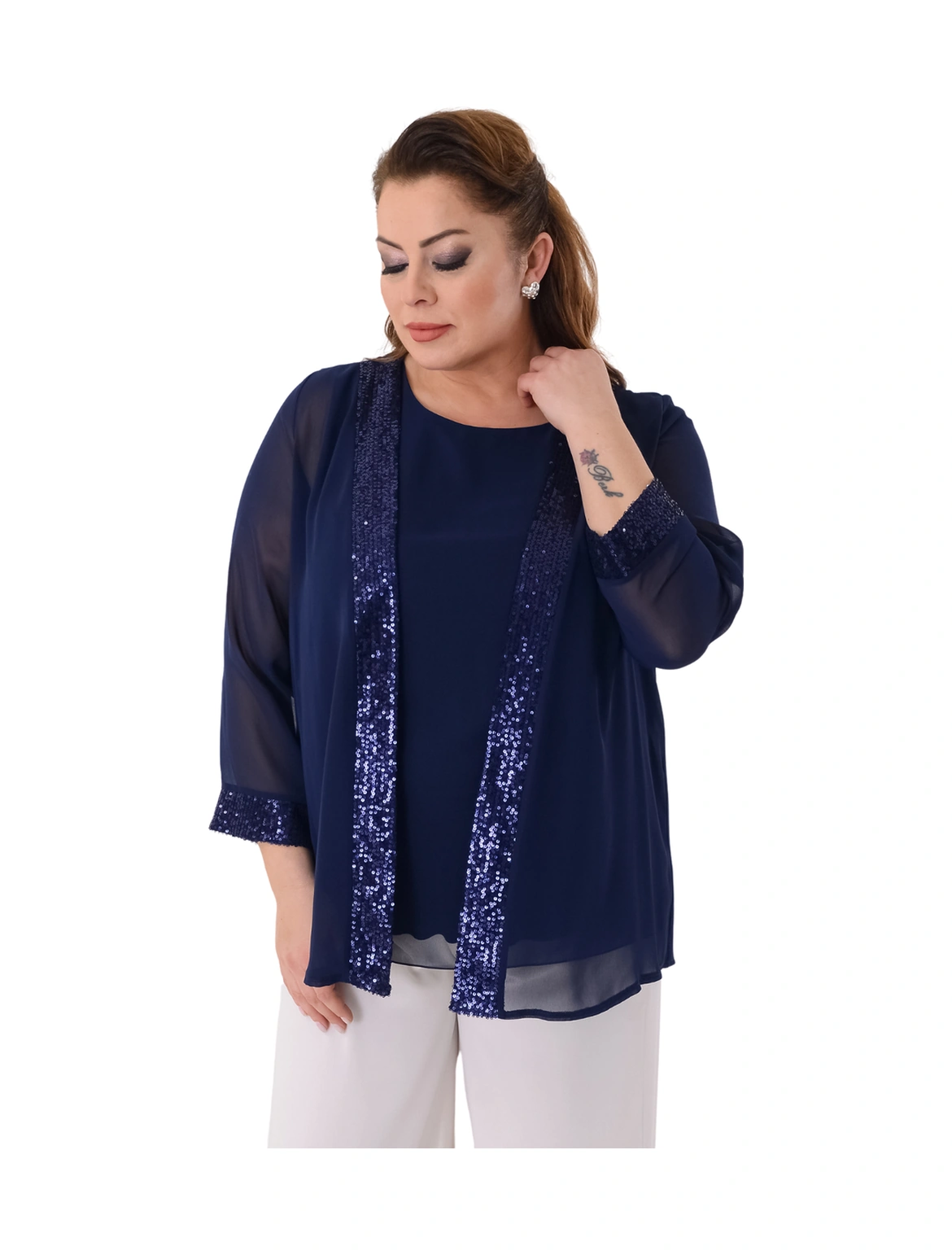 Lilas Xxl Büyük Beden Lacivert Renkli Şifon Ceketli Abiye Bluz Lacivert