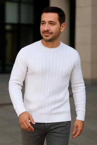 Erkek Bisiklet Yuvarlak Yaka Triko Kazak Pamuklu Kalın Fitilli Dokuma, Regular Fit Uzun Kollu Kışlık Model - Beyaz Beyaz