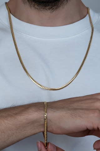 Gold Ezme Yassı Yılan Çelik Unisex Kolye Ve Bileklik Seti Eck37S