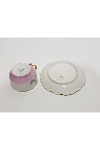 Limoges Çiçek Figürlü Pembe Kahve Fincan Takımı Çok Renkli