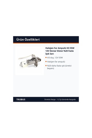 Trobus Halojen Far Ampulü H3 55w 12v Dense Vision %20 Fazla Işık Sarı