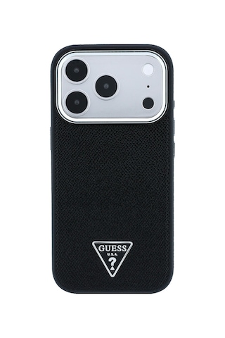 Apple Uyumlu iPhone 18 Pro Max Kılıf Guess Lisanslı M-safe Şarj Özellikli Grained Triangle Kapak Siyah