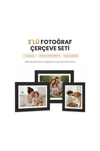 Vusıgn Mdf Siyah Masaüstü Ve Duvar Askılı Çerçeve Fotoğraf Çerçevesi 3'lü Set