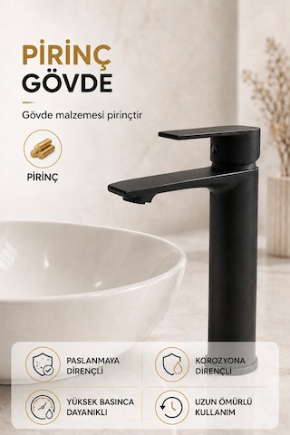 Mat Siyah Çanak Lavabo Bataryası Pirinç Gövde Yüksek Tip Tezgâh Üstü Sıcak Soğuk Banyo Musluğu