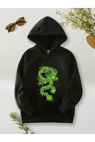 Çocuk Yeşil Ejderha Baskılı Tasarım Sweatshirt Siyah