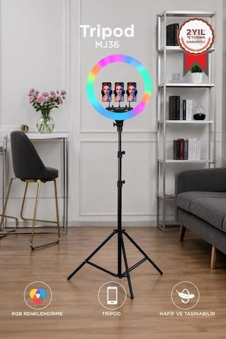 Premium Telefon Işığı Aydınlatma Ring Light Işıklı Selfie Çubuğu 2.1m 14 Inc Mj36 Beyaz