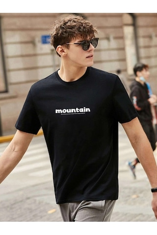 Erkek Siyah Oversize Mountain Baskılı T-shirt Siyah