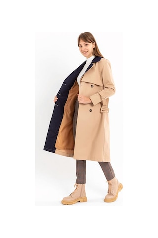 Pastelastore Pamuk Gabardin Uzun Çift Renk Garnili Kadın Trençkot 1114 Açık Bej