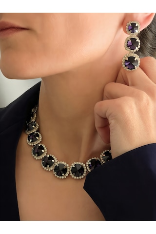 Riviere Kristal Taşlı Çiçek Model Mor Renkli Kolye Küpe Set