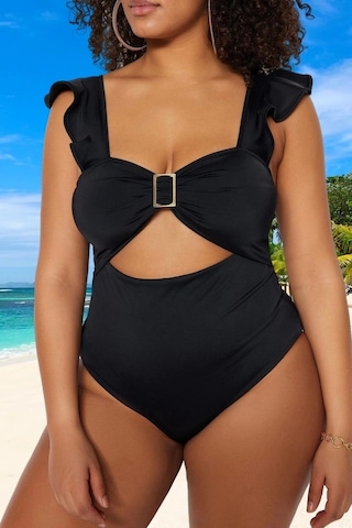 Ersefa Konforlu Plus Size Mayo Tasarım Büyük Beden Esnek Kumaş Plaj Ve H Siyah