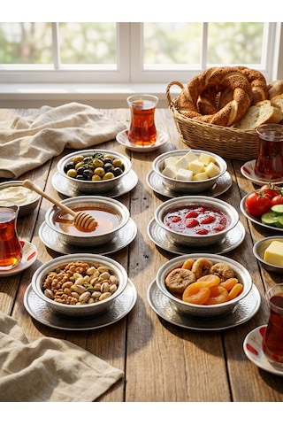 6'lı Otantik Dövme Desenli Çelik Sunum Tabağı Seti El İşçiliği Servis Kaseleri Çelik